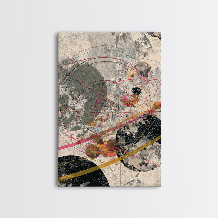Orbit Circles With Red Lines And Gray Texture Framed Canvas Print, Abstract Geometric Wall Decor, Modern Office Art Gift