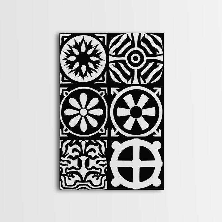 Bold Black And White Tribal Pattern Panels Wall Art, Modern Geometric Abstract Print, Minimalist Boho Unique Home Decor Gift