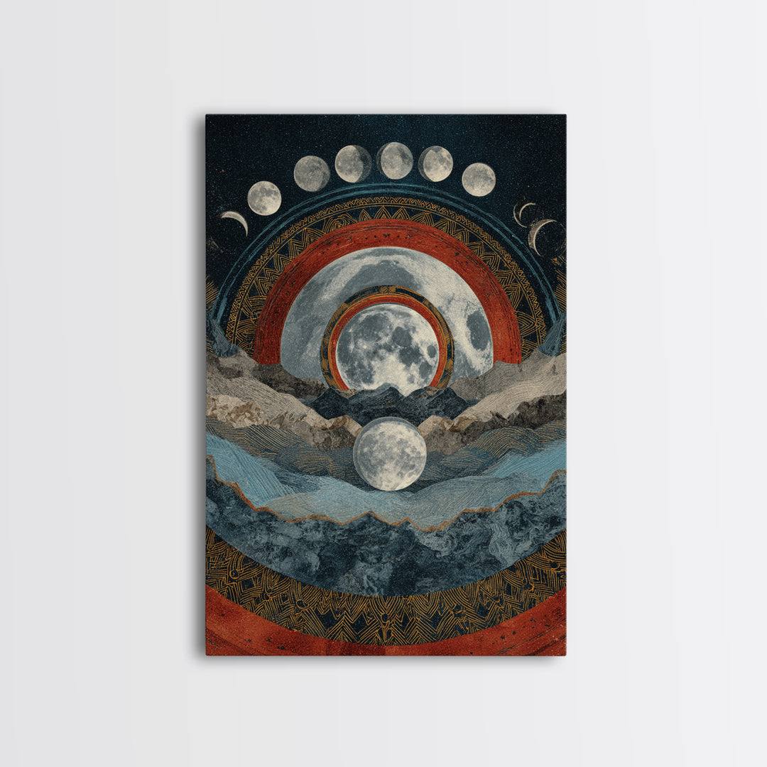 Moon Phase Mountain Mandala With Red Arcs Canvas Print, Spiritual Landscape Wall Decor, Mystical Meditation Home Art Gift