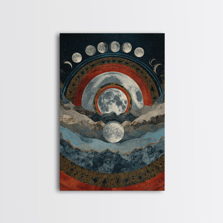 Moon Phase Mountain Mandala With Red Arcs Canvas Print, Spiritual Landscape Wall Decor, Mystical Meditation Home Art Gift