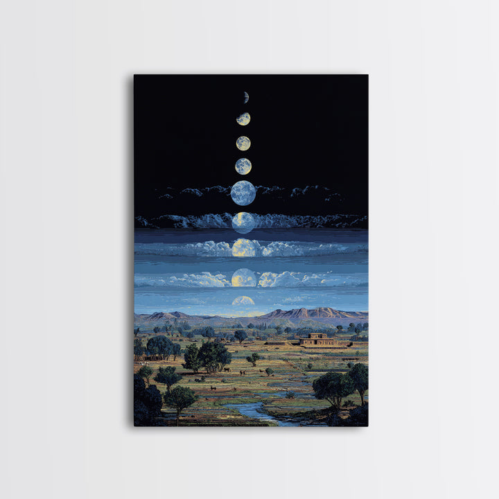 Blue Moon Phases Over African Savanna Landscape Wall Art, Spiritual Safari Decor, Mystical Nature Scene For Living Room Gift