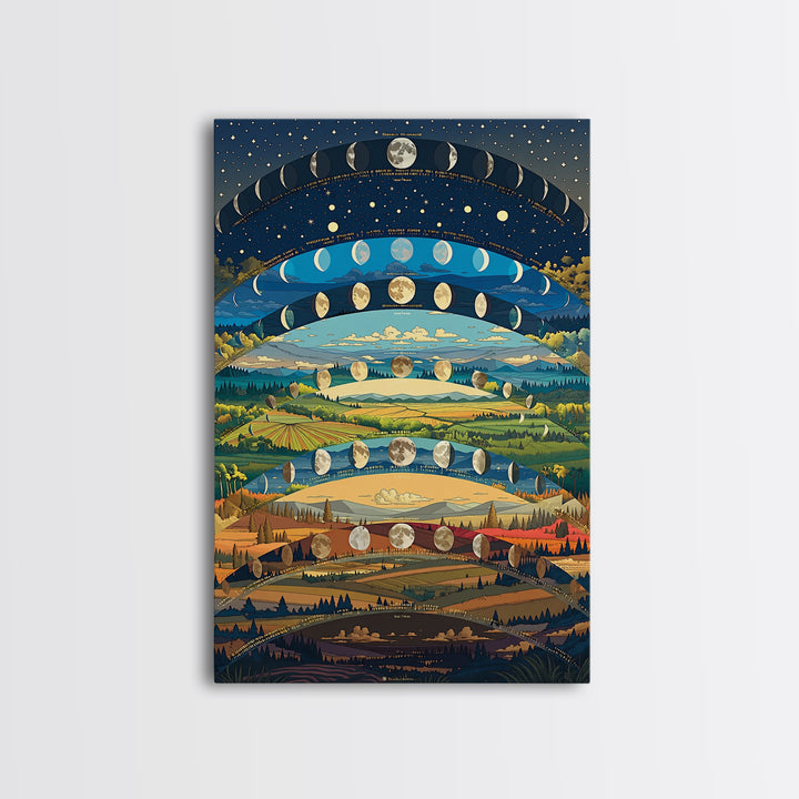 Layered Moon Phase Landscape With Rolling Fields Canvas Print, Dreamy Nature Wall Decor, Modern Boho Art For Living Room