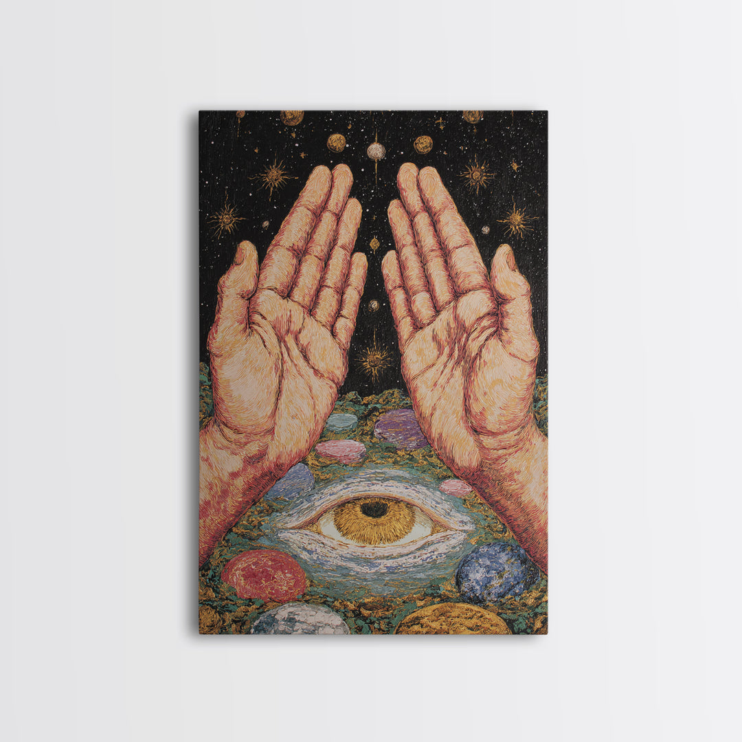 Mystic Open Hands Above All Seeing Eye And Planets Wall Art, Spiritual Meditation Decor, Surreal Occult Unique Home Art Gift