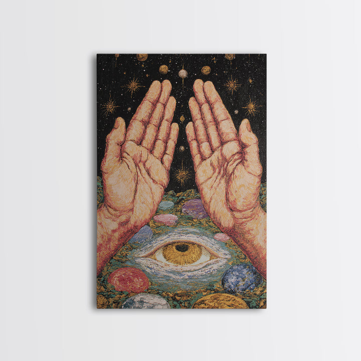 Mystic Open Hands Above All Seeing Eye And Planets Wall Art, Spiritual Meditation Decor, Surreal Occult Unique Home Art Gift