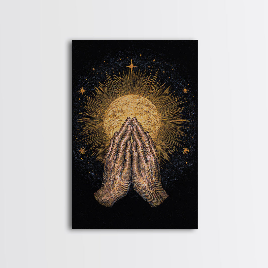 Praying Hands Holding Golden Radiant Sun On Black Canvas Print, Spiritual Wall Decor, Meditation Art Gift For Sacred Home