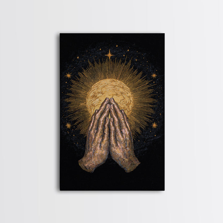 Praying Hands Holding Golden Radiant Sun On Black Canvas Print, Spiritual Wall Decor, Meditation Art Gift For Sacred Home