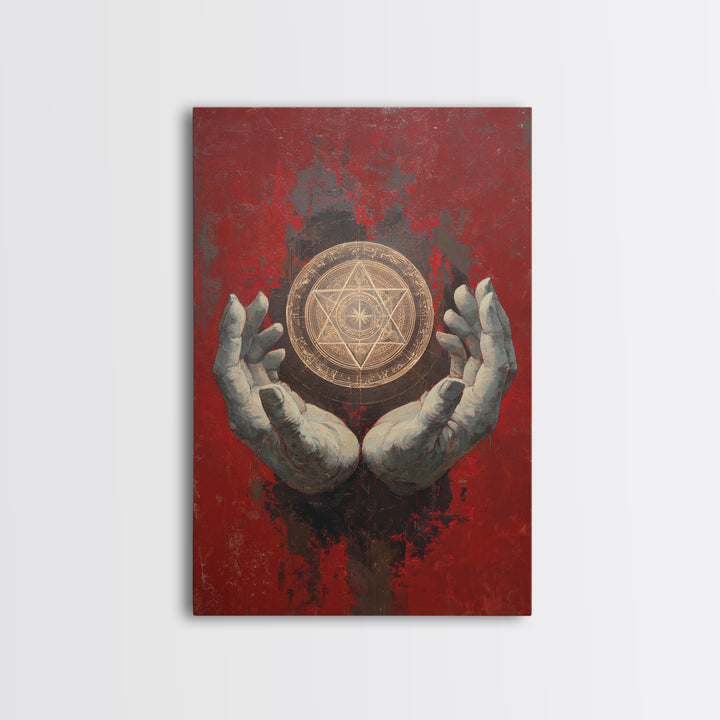 Golden Sacred Geometry In Weathered Hands Wall Art, Mystical Abstract Canvas, Spiritual Home Decor, Red And Gold Artwork