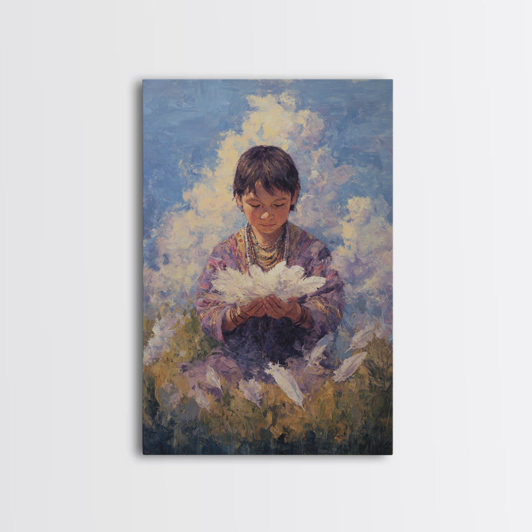 Quiet Child Holding White Feathers Framed Canvas Print, Dreamy Portrait Wall Art, Spiritual Home Decor, Gift For Kids, Soft Blue Painting