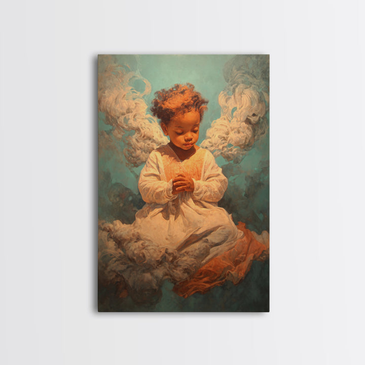 Praying Black Child In Clouds Canvas Print, Angelic Spiritual Wall Art, Dreamy Portrait Decor, Black Beauty Gift For Her