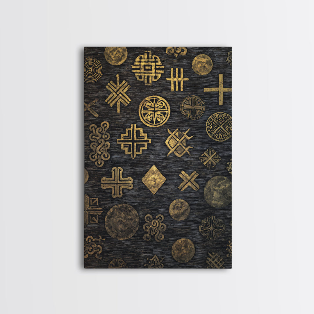 Gold Adinkra Symbols On Black Canvas Print, African Patterns Wall Decor, Tribal Art Print, Cultural Home Decor For Living Room