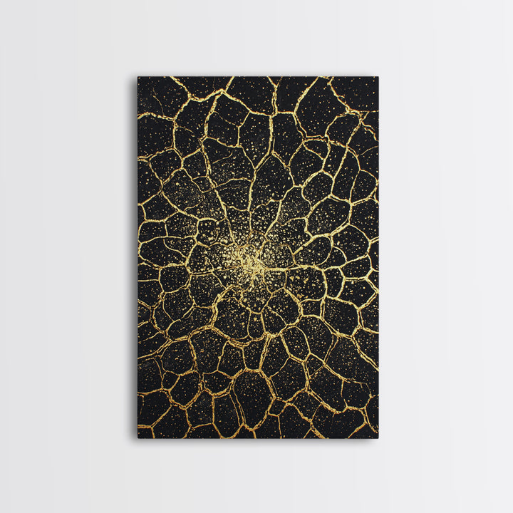 Black And Gold Cracked Floral Mandala Wall Art, Abstract Geometric Canvas, Luxury Home Decor, Statement Piece Gift For Living Room
