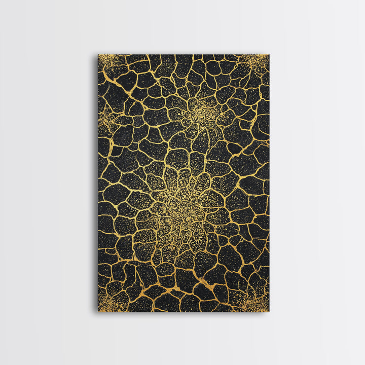 Gold Botanical Crackle Pattern Canvas Print, Black Abstract Wall Art, Geometric Floral Decor, Luxury Statement Piece For Modern Home