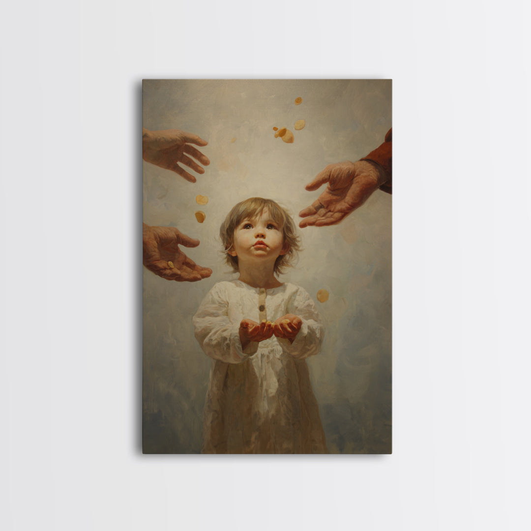Wide Eyed Child Receiving Coins Framed Canvas Print, Classic Portrait Wall Art, Meaningful Gift, Soft Neutral Home Decor