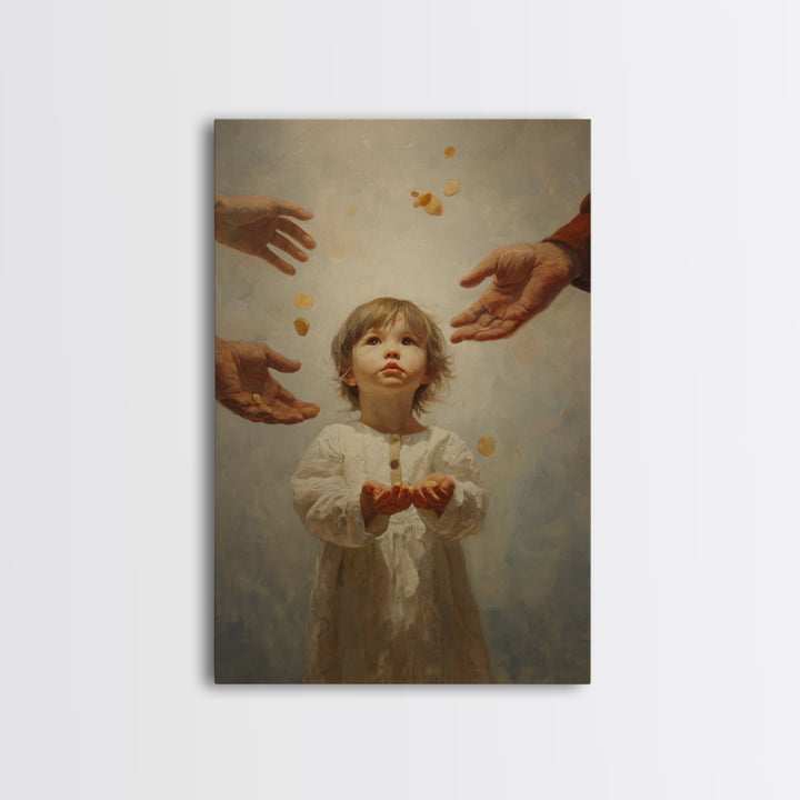 Wide Eyed Child Receiving Coins Framed Canvas Print, Classic Portrait Wall Art, Meaningful Gift, Soft Neutral Home Decor