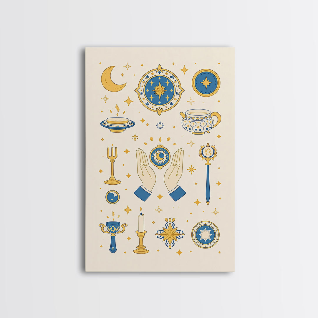 Blue Gold Celestial Symbols With Moon Hands And Stars Wall Art, Mystical Spiritual Boho Decor, Elegant Gallery Canvas Print
