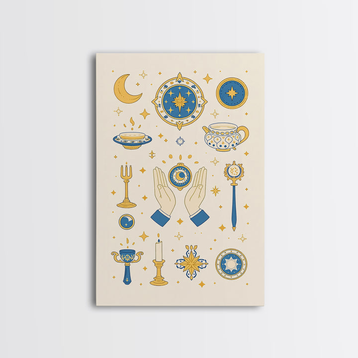 Blue Gold Celestial Symbols With Moon Hands And Stars Wall Art, Mystical Spiritual Boho Decor, Elegant Gallery Canvas Print