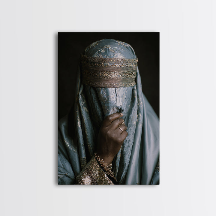 Blue Gold Veiled African Woman Portrait Framed Canvas Print, Luxury Afrocentric Wall Decor, Cultural Photography Fine Art