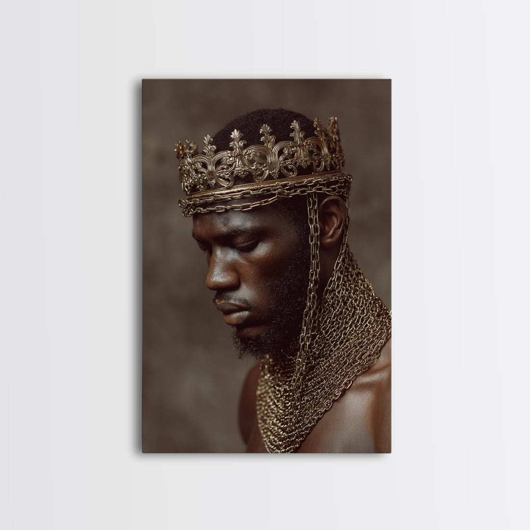 Profile Of Black King In Gold Crown And Chains Wall Art, African American Royal Portrait, Luxury Black Culture Decor Gift