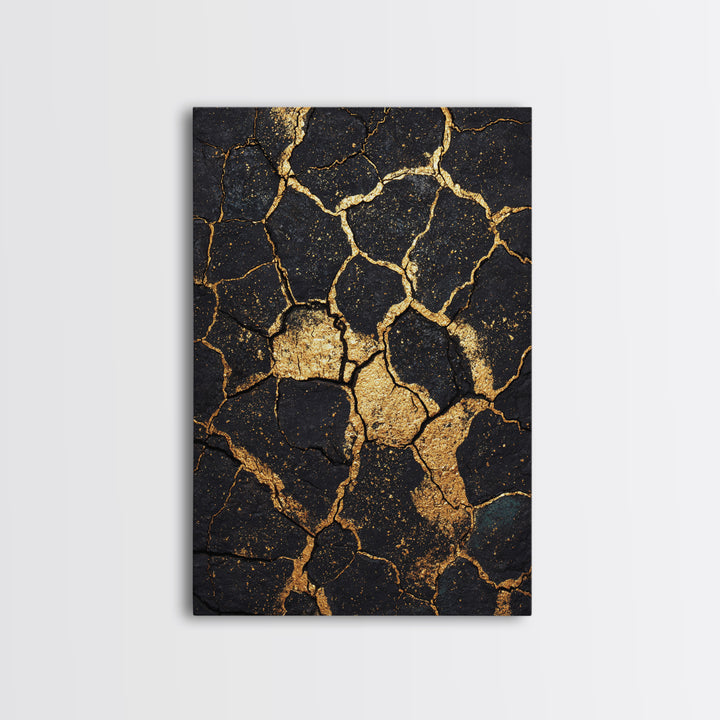 Black And Gold Cracked Earth Abstract Wall Art, Kintsugi Texture Modern Canvas Print, Luxury Earth Tone Statement Home Decor