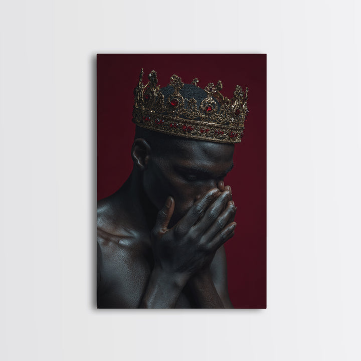 Praying Black King With Ruby Gold Crown Wall Art, African American Royal Portrait, Spiritual Black Culture Home Decor Gift