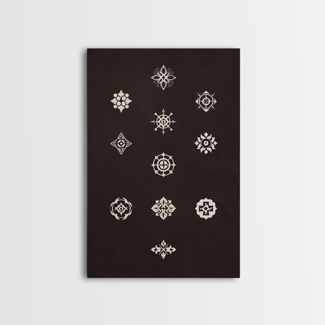 Cream Sacred Geometric Symbols On Dark Brown Wall Art, Minimalist Spiritual Pattern Canvas Print, Boho Meditation Home Decor