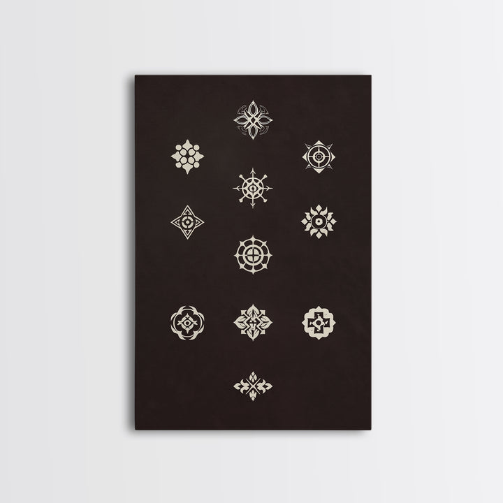 Cream Sacred Geometric Symbols On Dark Brown Wall Art, Minimalist Spiritual Pattern Canvas Print, Boho Meditation Home Decor