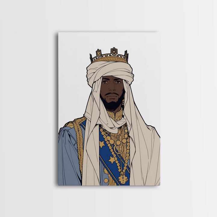 Regal African King In White Turban And Blue Robe Canvas Print, Afrocentric Royal Portrait Wall Art, Cultural Home Decor Gift