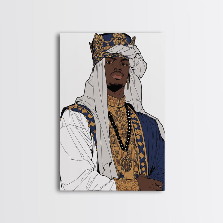 Regal African Prince In Crown White Turban And Blue Robe Framed Canvas Print, Afrocentric Black Royal Portrait Wall Art Decor