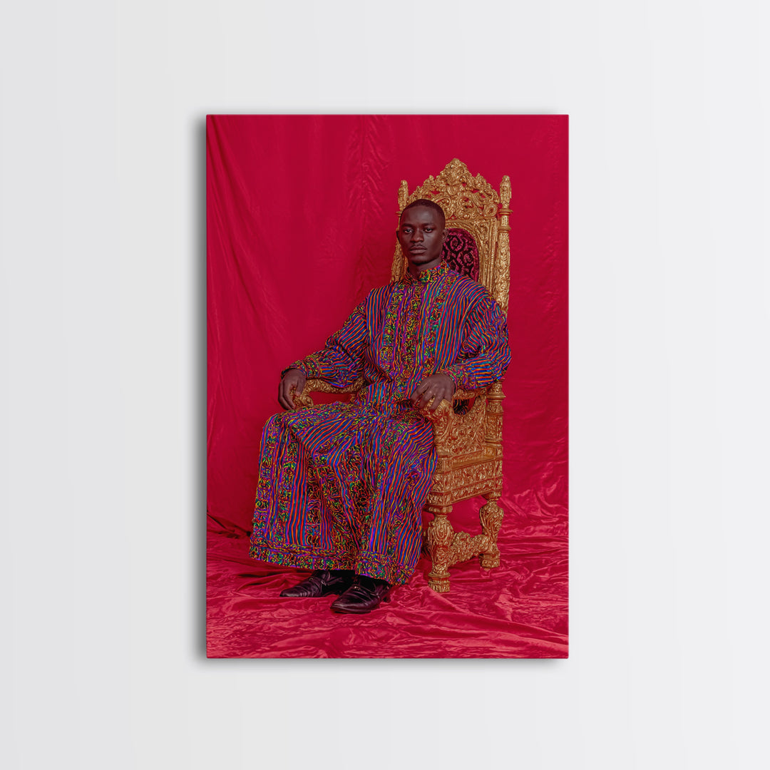 Regal African Man On Gold Throne Wall Art, Royal Black Portrait, Afrocentric Decor, African Fabric, Statement Canvas, Living Room Decor
