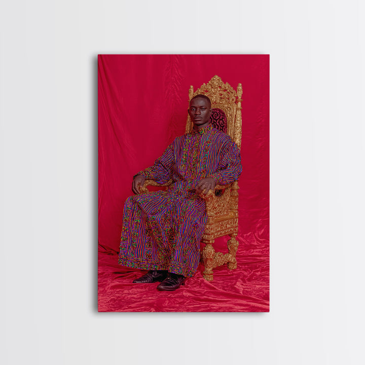 Regal African Man On Gold Throne Wall Art, Royal Black Portrait, Afrocentric Decor, African Fabric, Statement Canvas, Living Room Decor