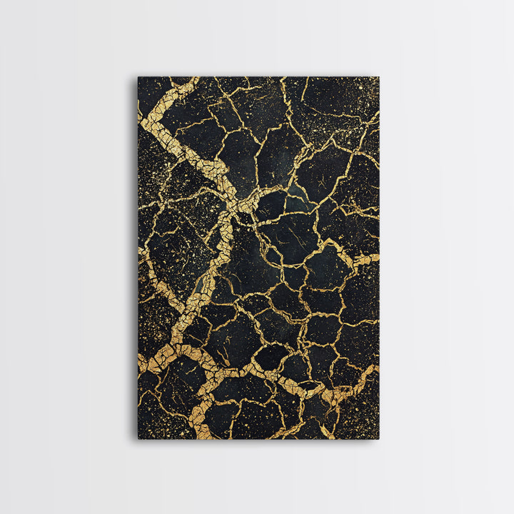 Black And Gold Cracked Earth Abstract Wall Art, Luxury Canvas Print, Kintsugi Texture, Modern Home Decor, Statement Piece