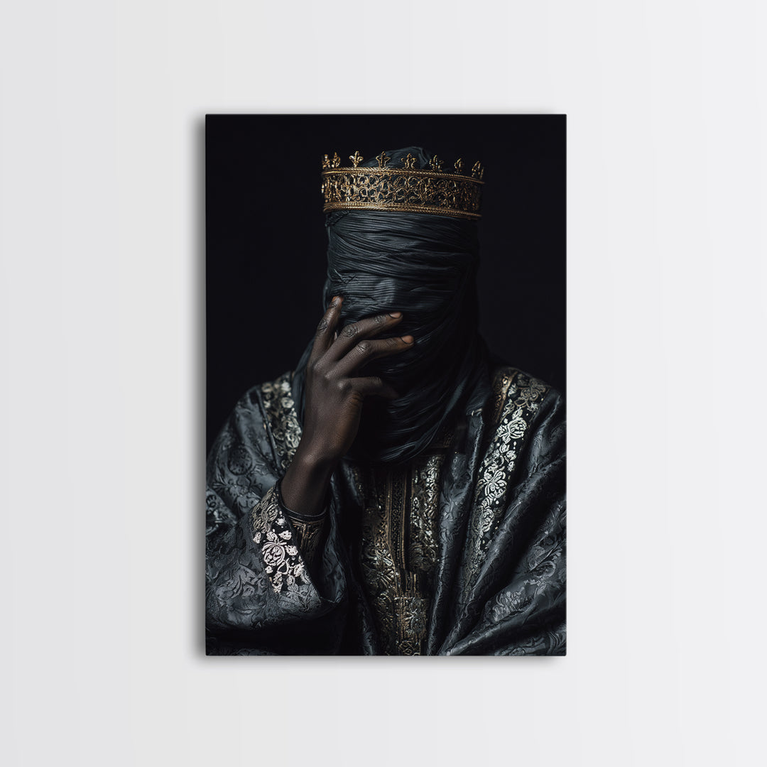 Mystic Crowned African Portrait Wall Art, Black Veiled Figure, Gold Jewelry Canvas, Afrocentric Decor, Luxury Canvas Print
