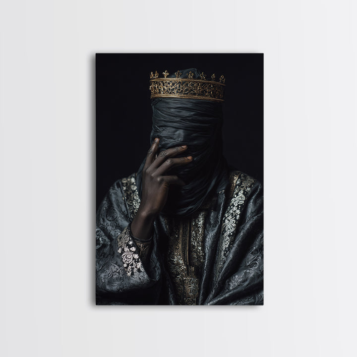 Mystic Crowned African Portrait Wall Art, Black Veiled Figure, Gold Jewelry Canvas, Afrocentric Decor, Luxury Canvas Print