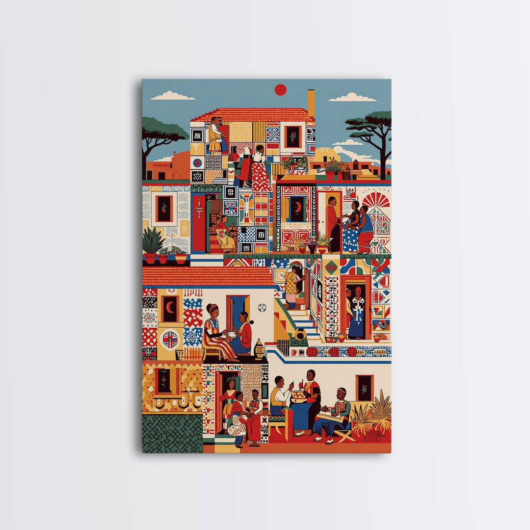 Vibrant African Neighborhood Scene Wall Art, Community Life Canvas Print, Patterned House, Afrocentric Cultural Decor, Gift