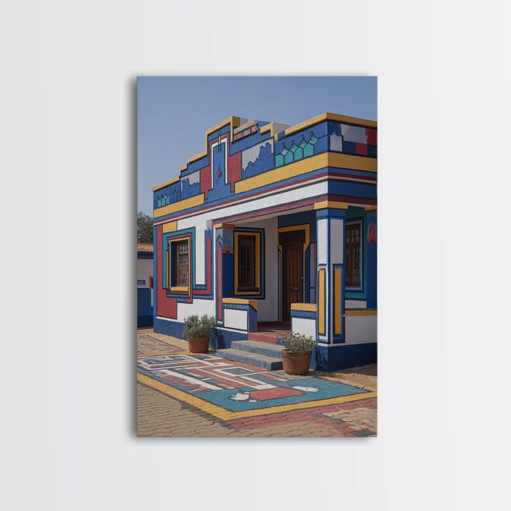 Bright Ndebele Painted Courtyard Framed Canvas Print, African Architecture Wall Art, Geometric Tribal Home Decor Statement Piece