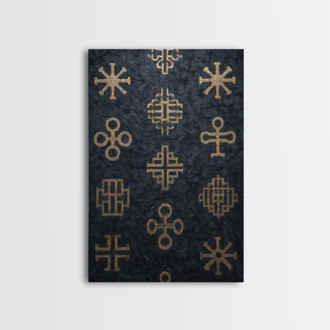 Gold African Adinkra Symbols Wall Art, Black Textured Pattern Print, Tribal Cultural Decor, Afrocentric Home Gift For Office