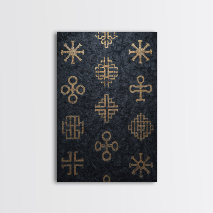 Gold African Adinkra Symbols Wall Art, Black Textured Pattern Print, Tribal Cultural Decor, Afrocentric Home Gift For Office