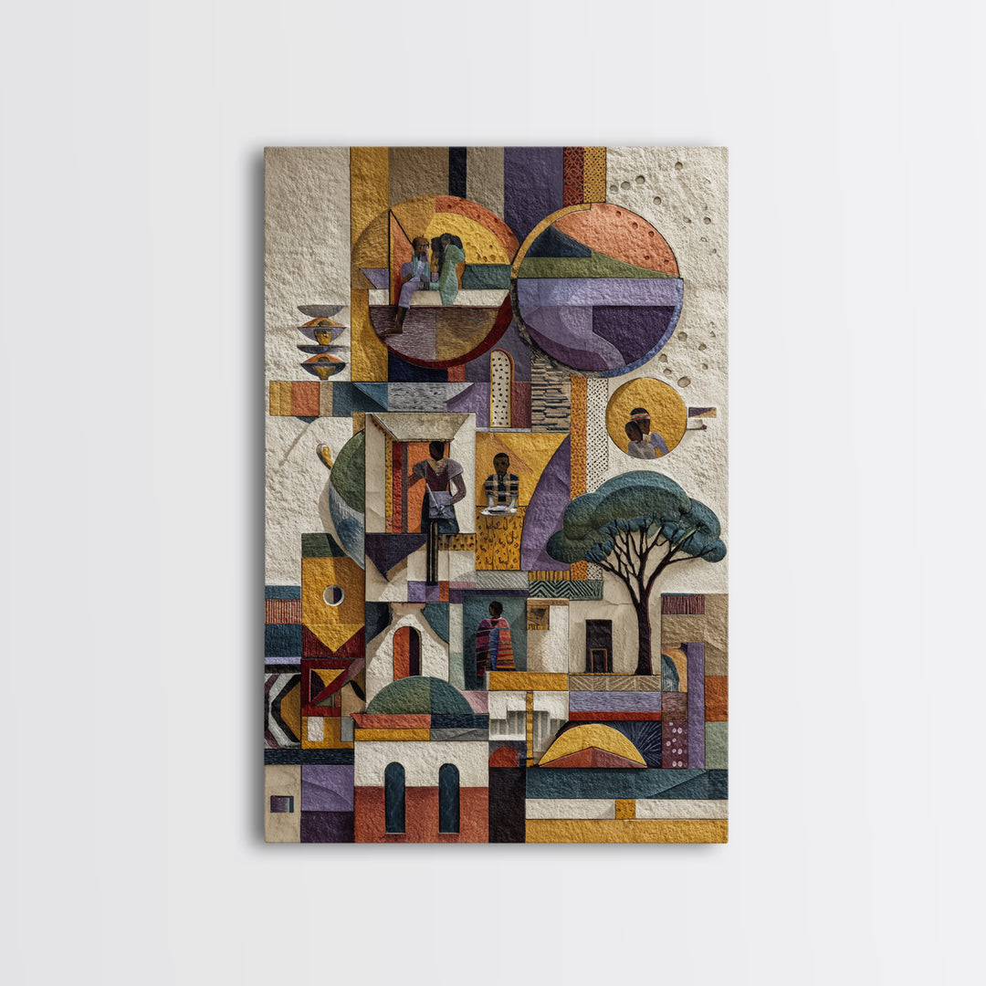 Abstract African Village Collage Canvas Print, Geometric Architecture Wall Art, Textured Cultural Home Decor Gift For Living Room