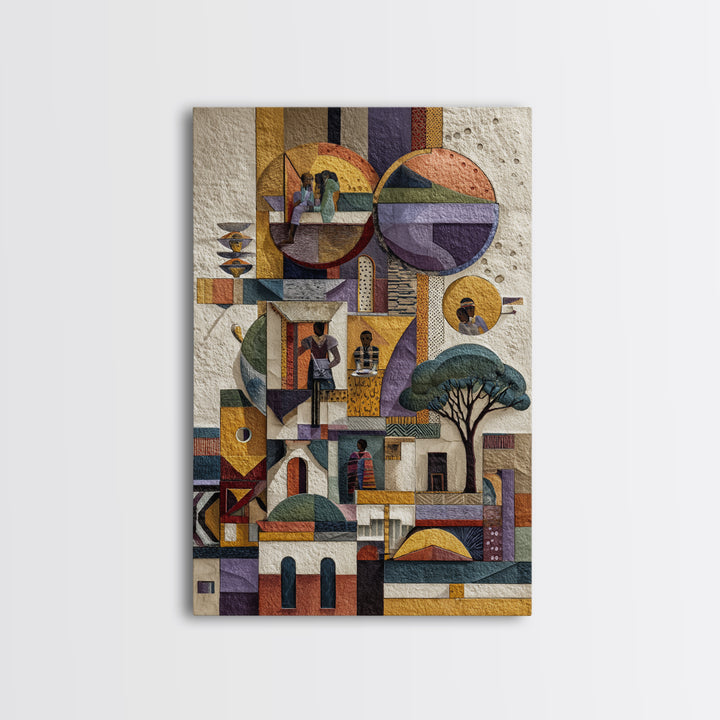 Abstract African Village Collage Canvas Print, Geometric Architecture Wall Art, Textured Cultural Home Decor Gift For Living Room