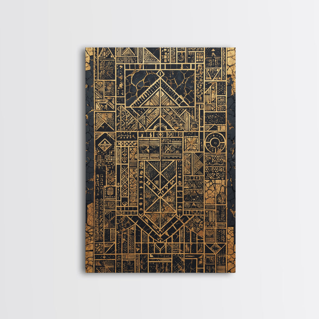 Gold Black Tribal Geometry Canvas Print, African Wall Art, Kuba Pattern Decor, Afrocentric Abstract Home Decor Statement Gift