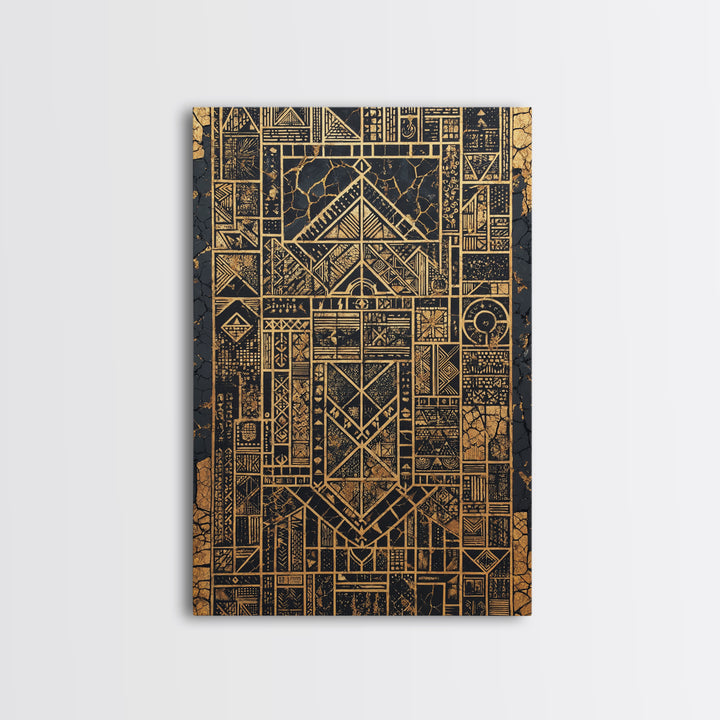 Gold Black Tribal Geometry Canvas Print, African Wall Art, Kuba Pattern Decor, Afrocentric Abstract Home Decor Statement Gift
