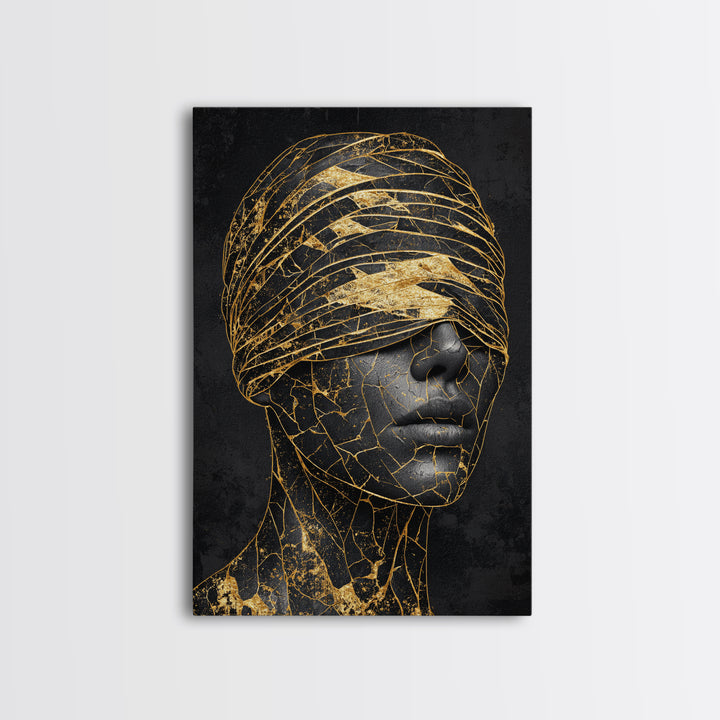 Blindfolded Gold Black Woman Canvas Print, African American Art, Feminine Afrocentric Portrait, Luxury Statement Home Decor