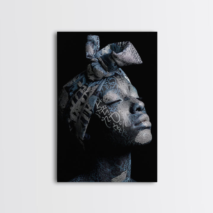Blue Headwrap Black Woman Framed Canvas Print, African Portrait Art, Afrocentric Wall Decor, Modern Cultural Home Decor Gift