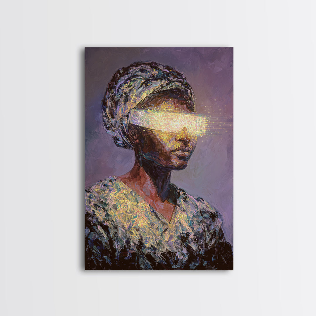 Visionary African Woman Canvas Print, Glowing Eye Light Portrait, Afrocentric Art, Spiritual Wall Decor, Female Power Gift