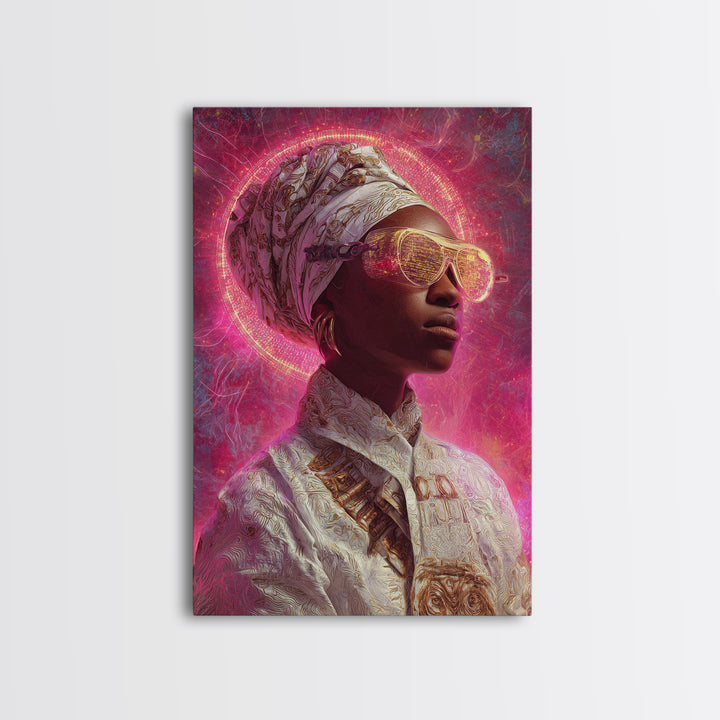 Neon Halo African Queen Wall Art, Sunglasses Headwrap Portrait, Afrofuturism Decor, Black Goddess Vibrant Pink Canvas Print