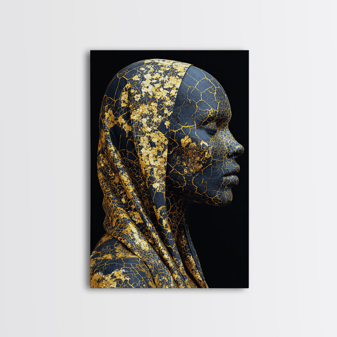 Gold Cracked African Woman Framed Canvas Print, Black Goddess Portrait, Luxury Afrocentric Wall Decor, Modern Statement Home Gift