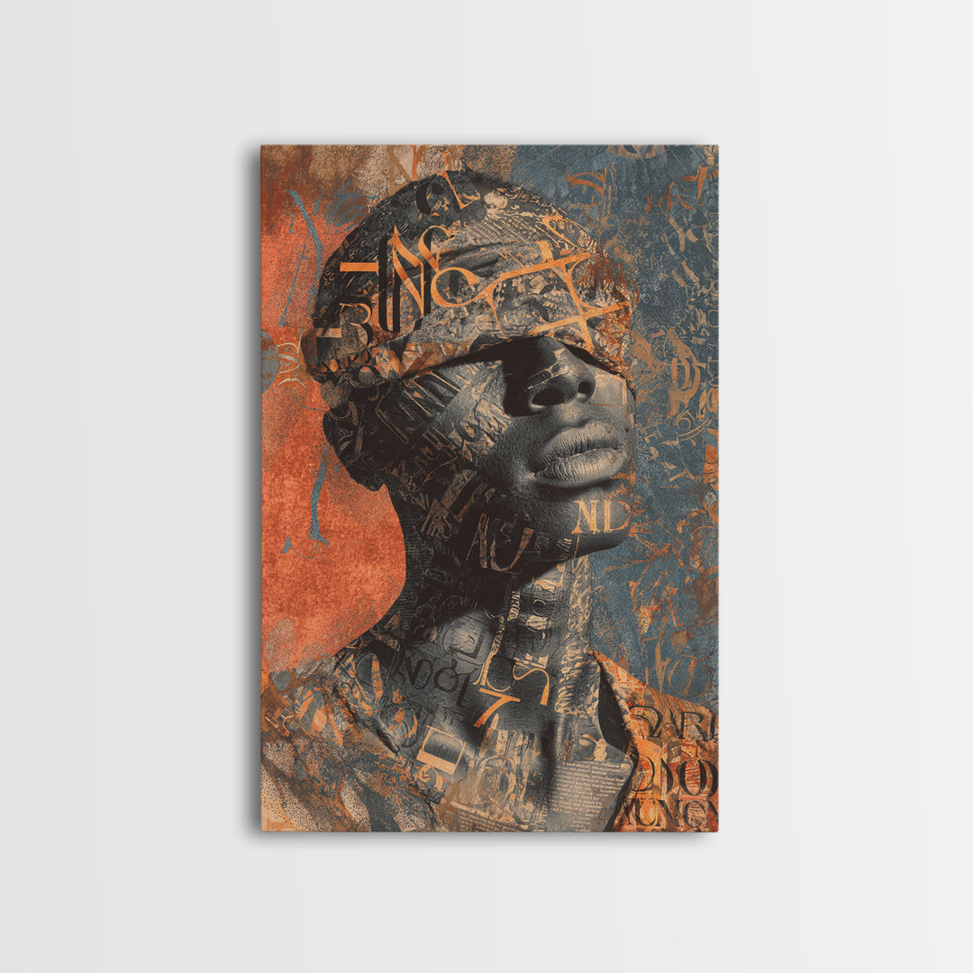 Blindfolded Black Woman Canvas Print, Abstract Typography Portrait, African American Art, Burnt Orange Afrocentric Decor