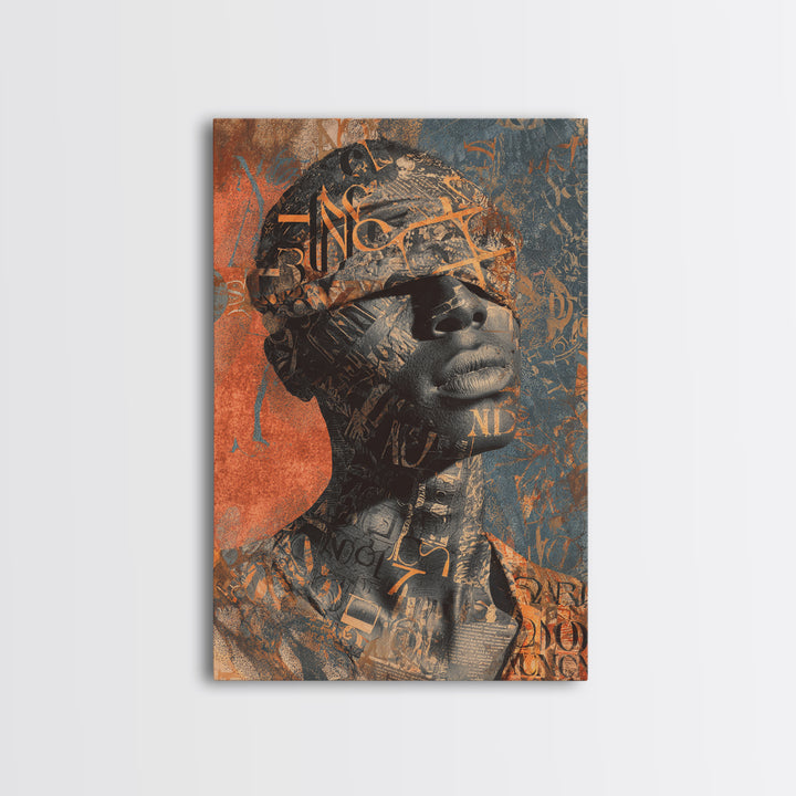 Blindfolded Black Woman Canvas Print, Abstract Typography Portrait, African American Art, Burnt Orange Afrocentric Decor