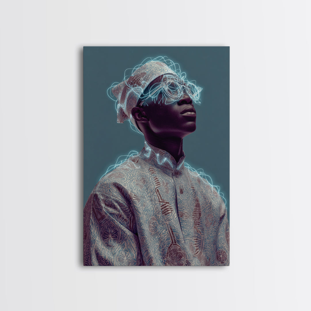 Afrofuturist Black Man Portrait With Neon Headwrap, Canvas Print, Modern African Art, Afrocentric Wall Decor, Black Culture Art