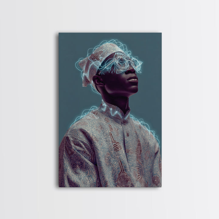 Afrofuturist Black Man Portrait With Neon Headwrap, Canvas Print, Modern African Art, Afrocentric Wall Decor, Black Culture Art